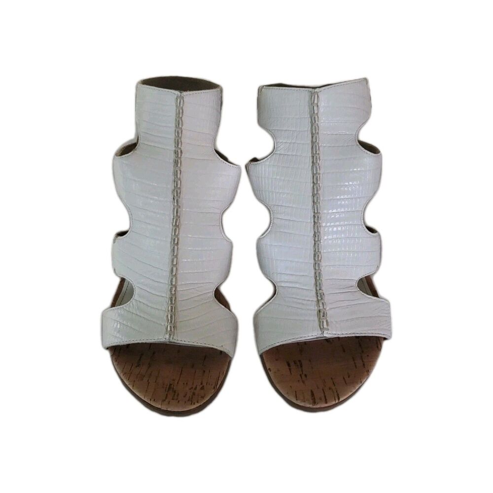 DONALD J PLINER Tai White Leather Croc Embossed Caged Sandals 8.5 M 3.5" Heel